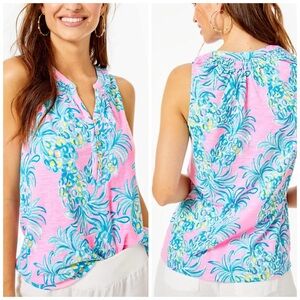 Lilly Pulitzer Pelican Pink Beat The Heat Pineapple Essie Sleeveless Top XXS EUC
